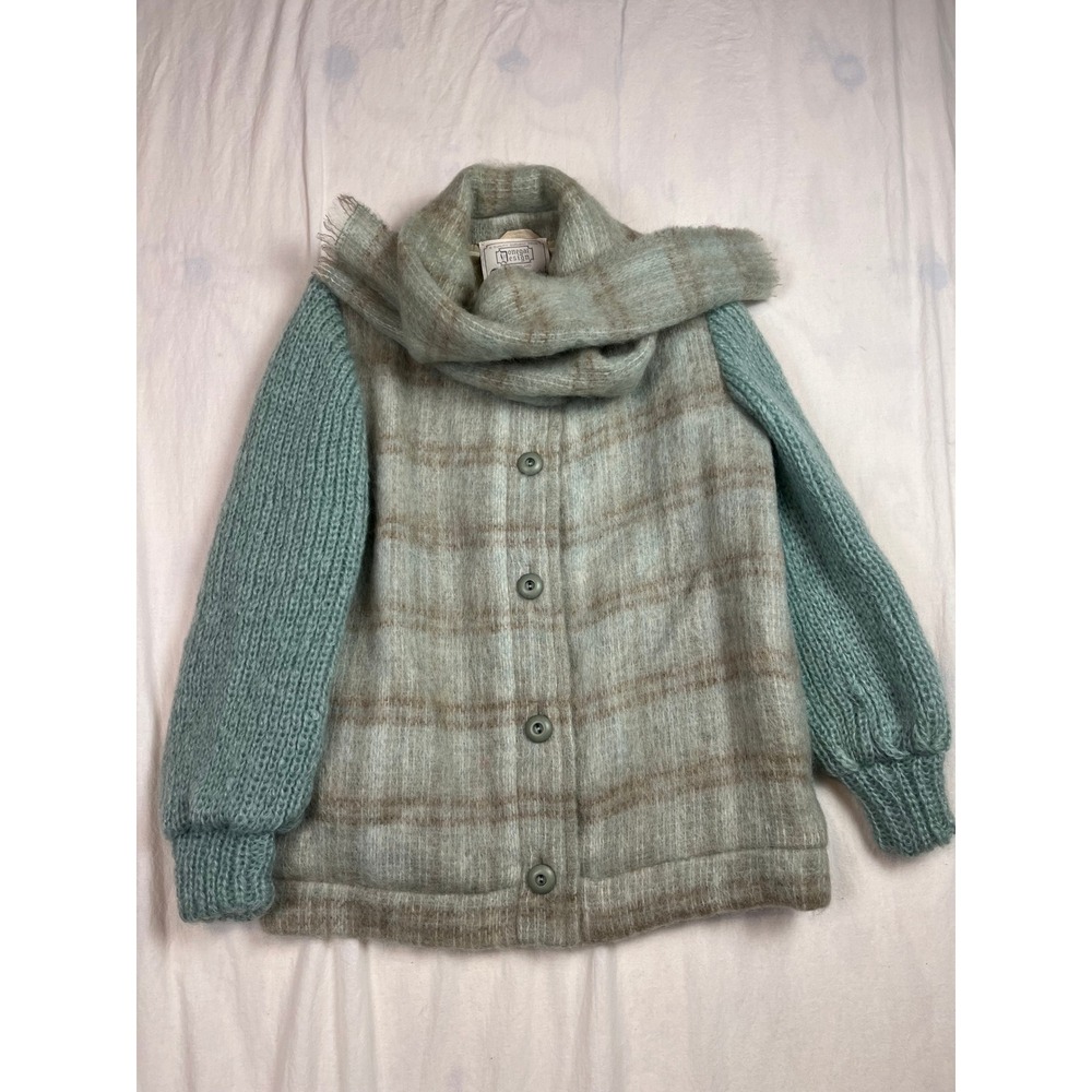 Donegal Design Mohair Plaid Cardigan Jacket‎ with Scarf Ireland Vintage Green